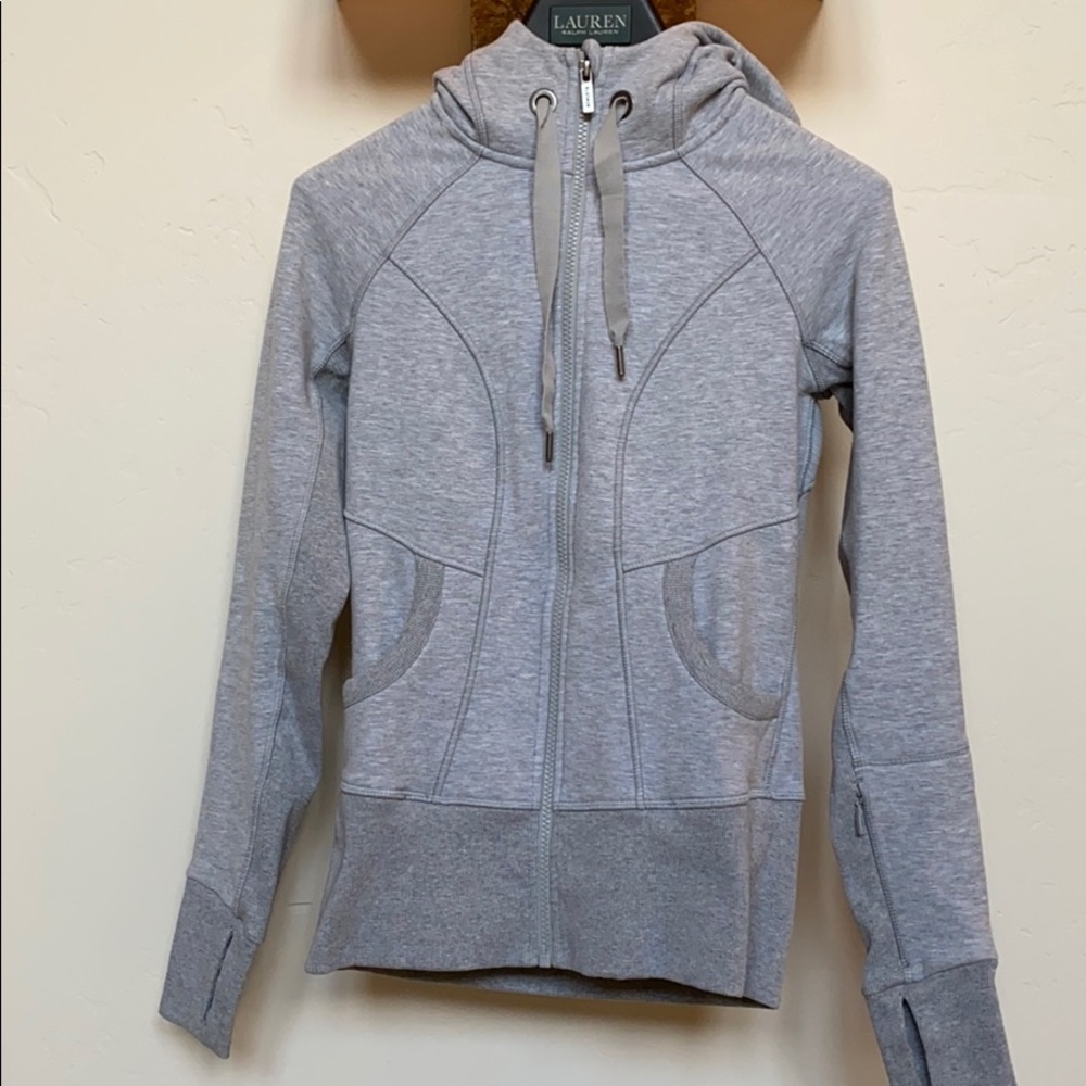 Grey, athletic, sports jacket.